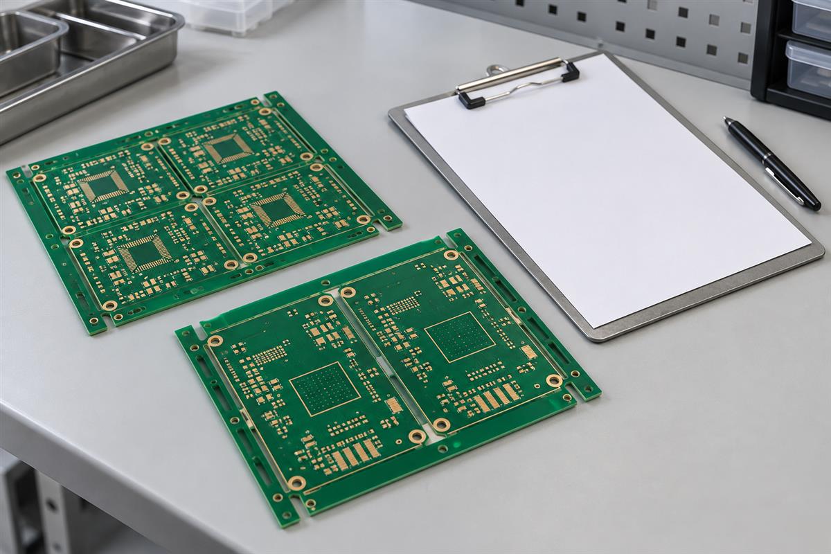 Bare PCB panels and a clipboard prepared for a manufacturing record review