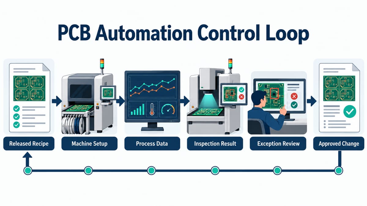 PCB automation control loop from released recipe to approved change