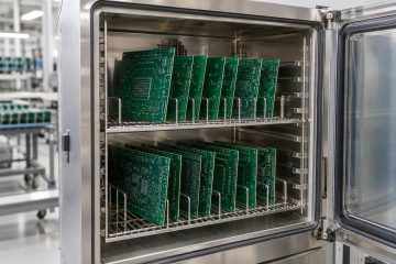 Illustrative bare circuit boards spaced on metal racks in a clean industrial drying oven