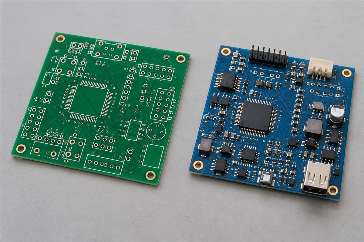 Illustrative bare custom PCB beside a populated circuit board assembly