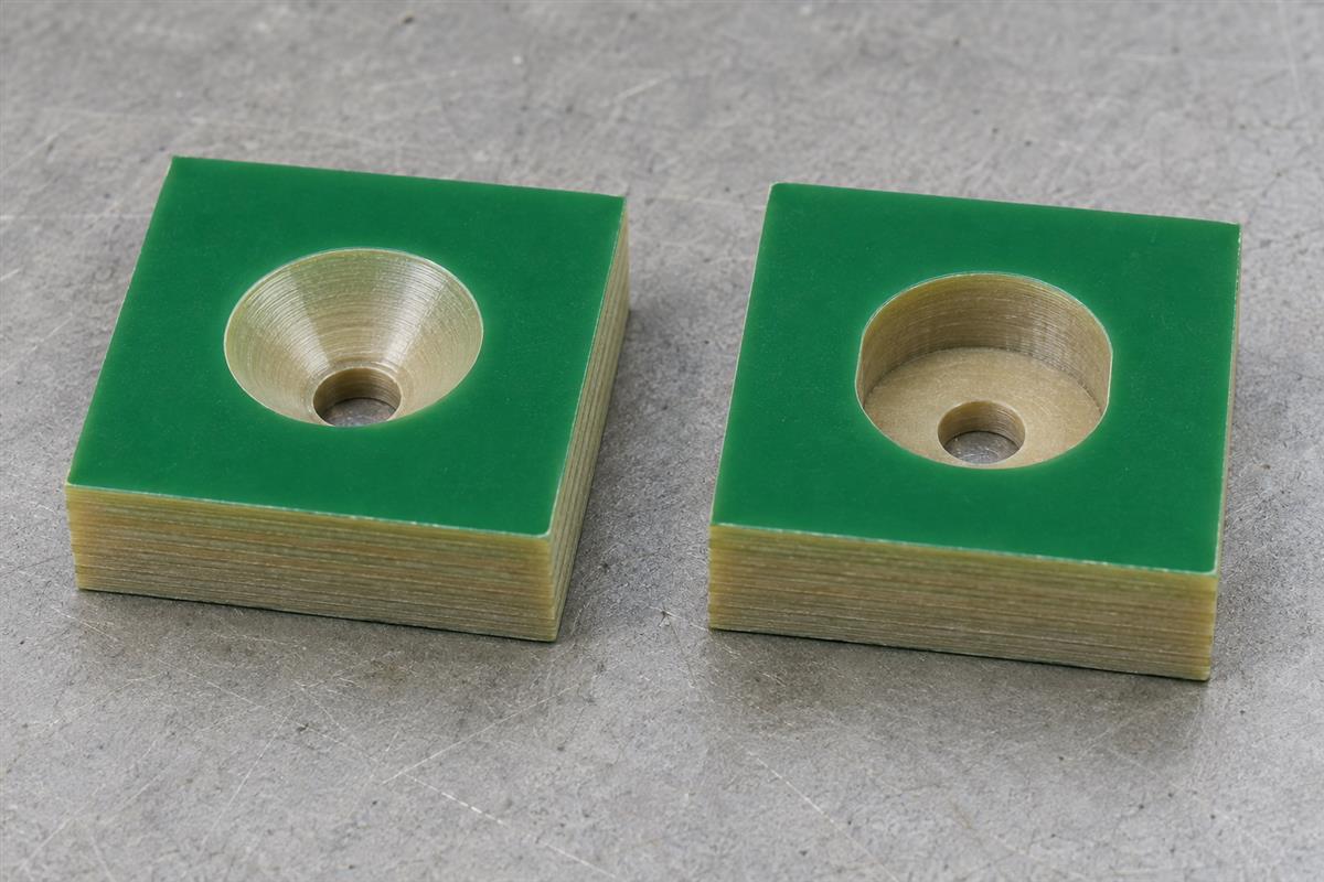 Conical countersink and flat-bottomed counterbore in thick laminate teaching samples, AI illustration