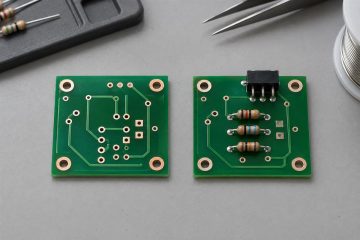 Bare and populated circuit boards on an electronics workbench, AI illustration