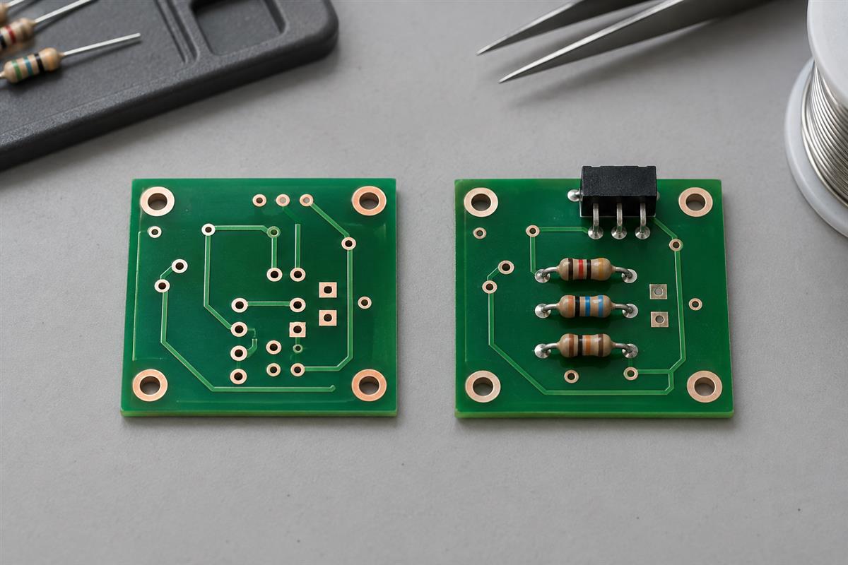 Bare and populated circuit boards on an electronics workbench, AI illustration