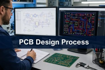 PCB engineer reviewing schematic layout and fabricated board