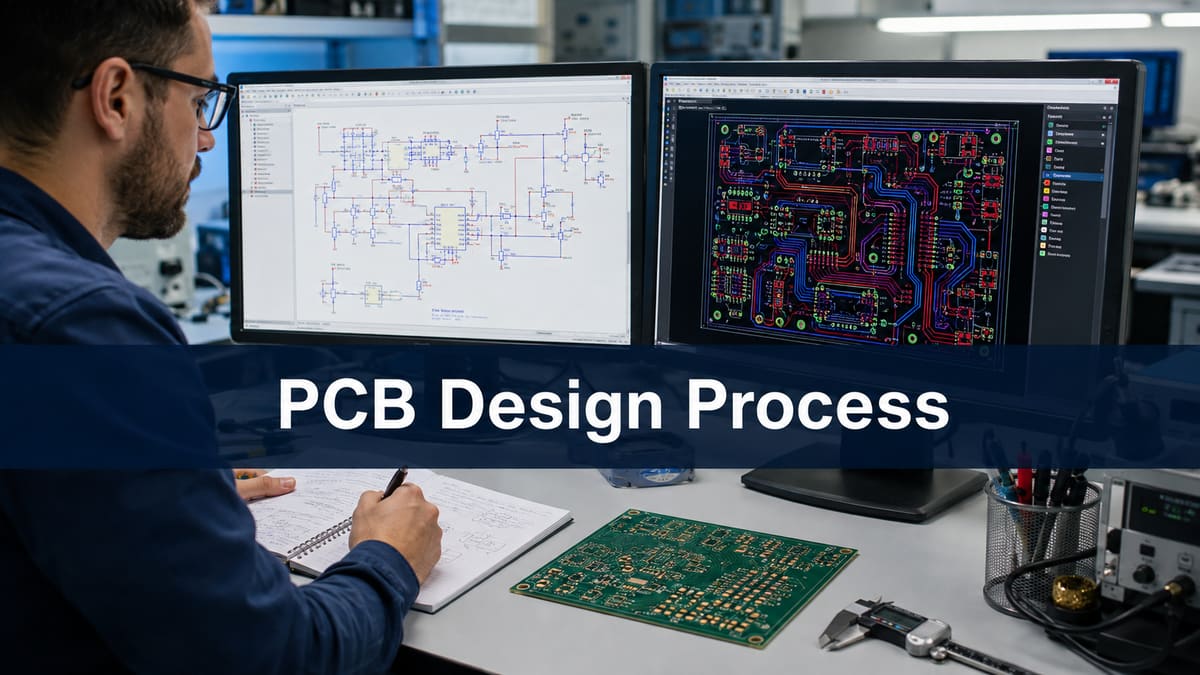 PCB engineer reviewing schematic layout and fabricated board during the design process