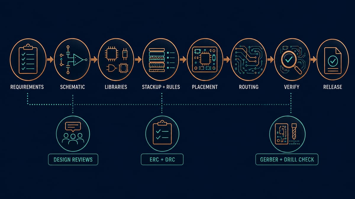 PCB design workflow from requirements through verified manufacturing release