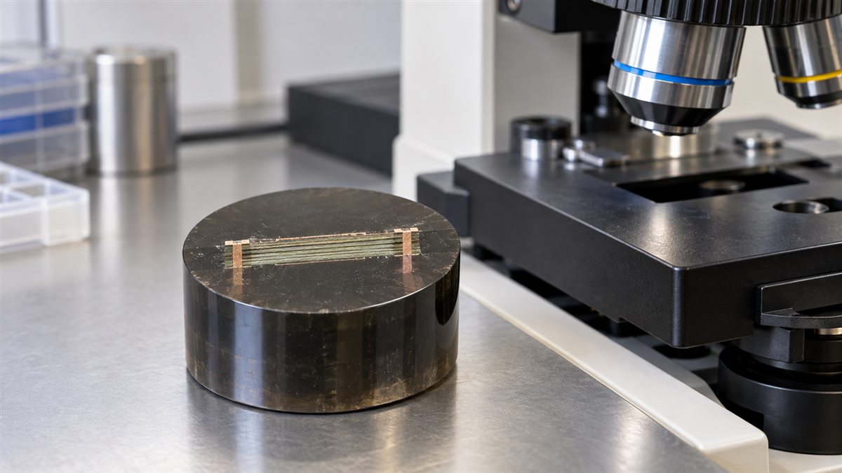 Illustrative mounted PCB microsection specimen beside a metallurgical microscope