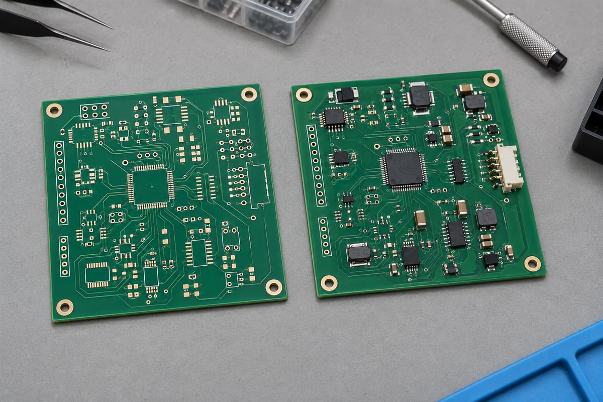 Bare PCB and populated circuit board illustrating fabrication and assembly, AI-generated illustration
