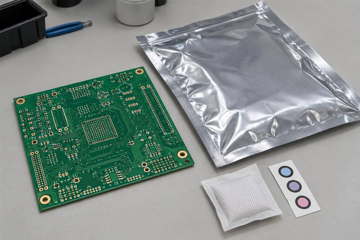 Illustrative bare PCB beside moisture barrier packaging and dry-pack accessories