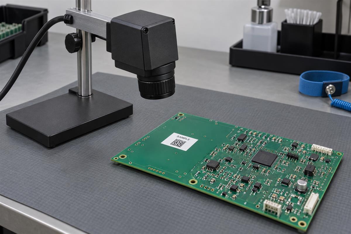 Illustrative labeled PCB positioned under a fixed industrial code reader