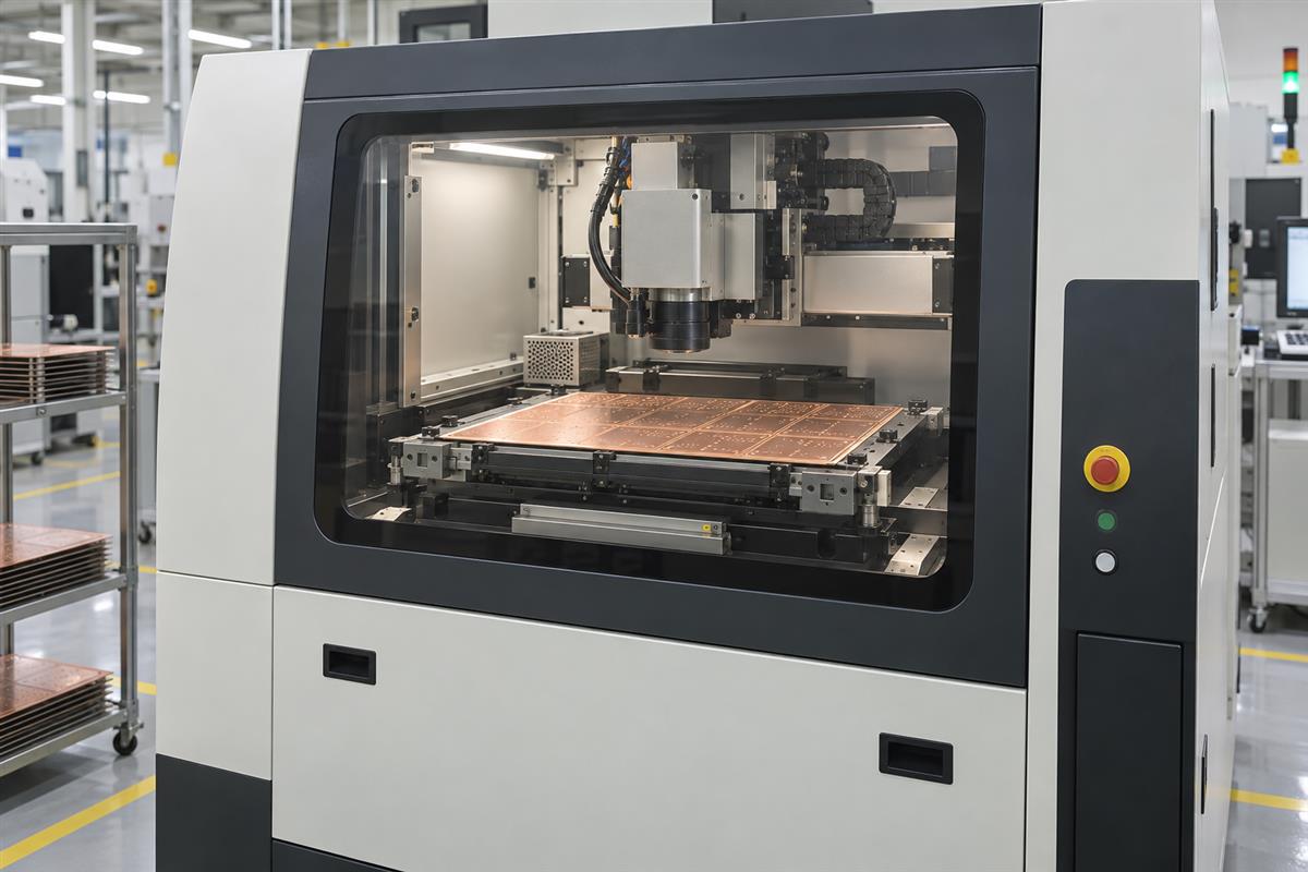 Illustrative enclosed laser processing cell with a copper PCB panel