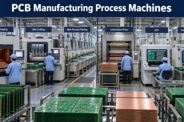 PCB fabrication factory with imaging drilling plating lamination and test equipment