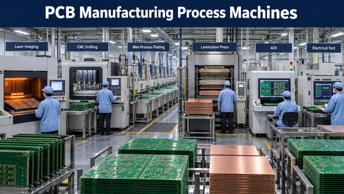 PCB manufacturing equipment for imaging drilling plating lamination and inspection