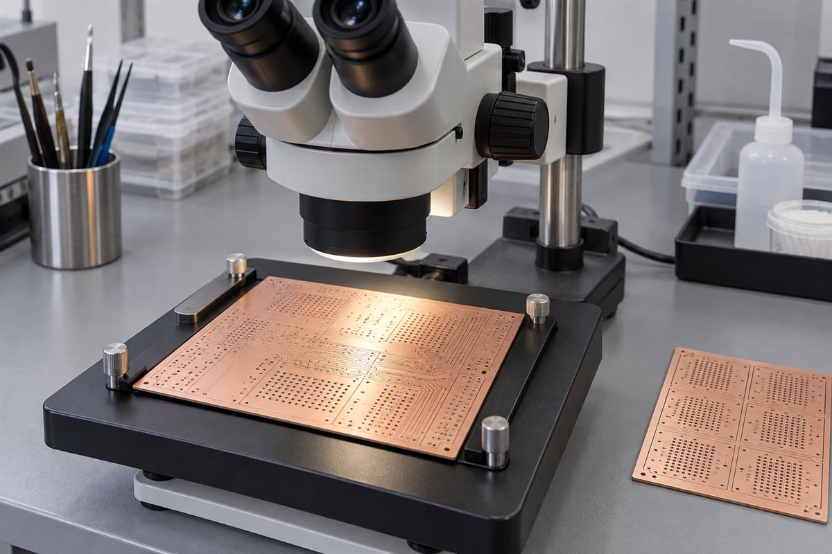 Illustrative microscope inspection of a copper PCB panel after hole formation