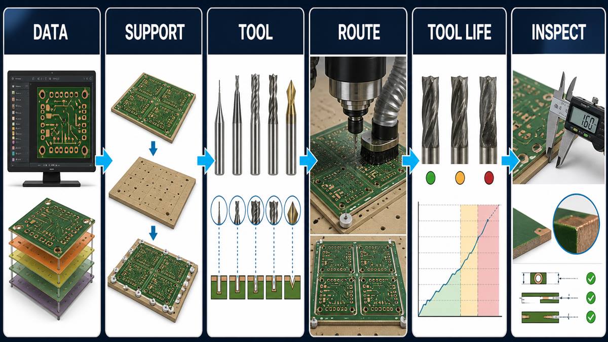 PCB milling process control flow from routing data and tool selection through CNC routing and edge inspection
