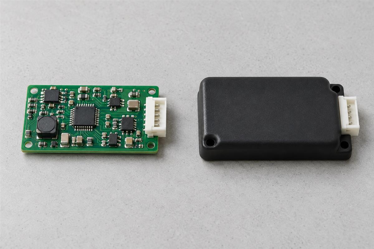Illustrative populated PCB beside an opaque polymer-encapsulated module with an exposed connector