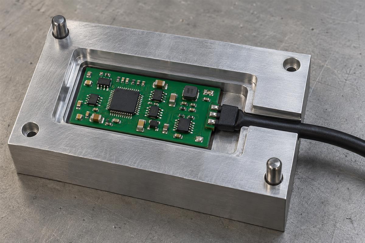 Illustrative populated circuit board positioned inside an open metal mold with a cable exit channel