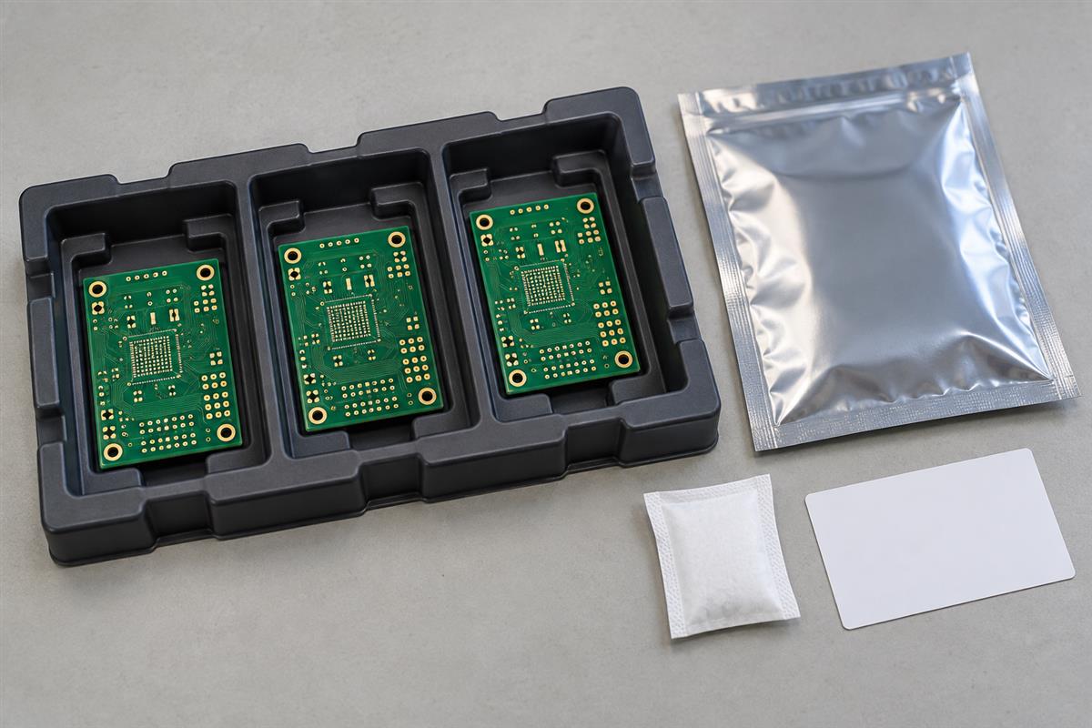 Bare circuit boards separated in a protective shipping tray beside barrier packaging