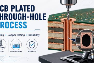 Cutaway plated through-hole barrel in a multilayer PCB with drilling and microsection inspection