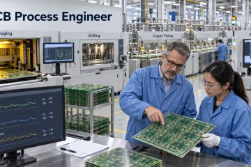 PCB process engineer reviewing fabrication process data and a production panel
