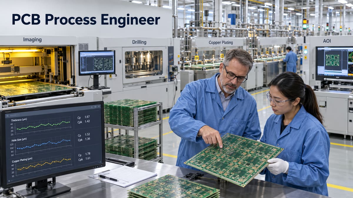 PCB process engineer reviewing process data and a production panel