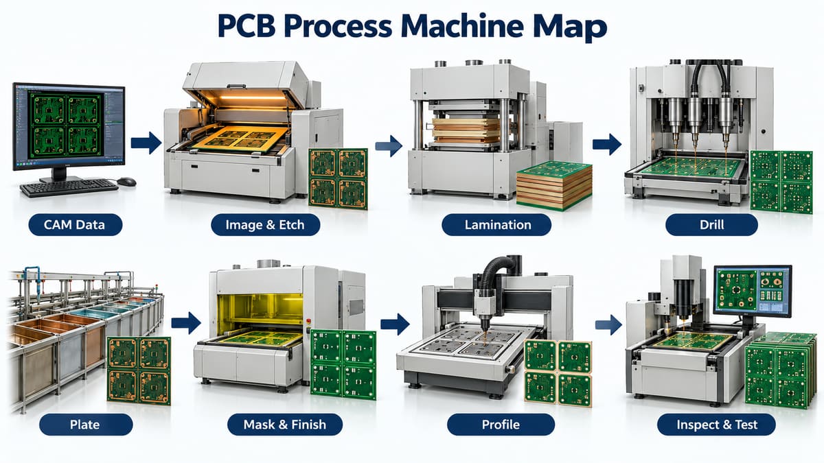PCB machine chain from CAM and imaging through test and release