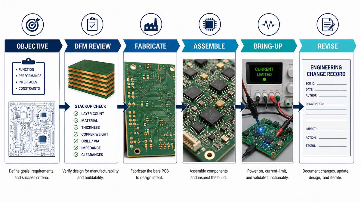 PCB prototyping loop from objective and DFM through fabrication assembly bring-up and revision
