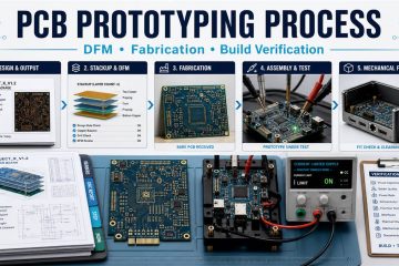 PCB prototype development bench with versioned files DFM fabrication assembly test and mechanical fit