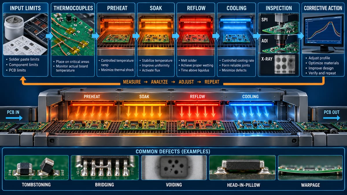 PCB reflow process control loop from inputs to inspection and corrective action