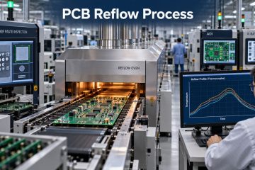 SMT PCB assembly passing through a controlled reflow oven