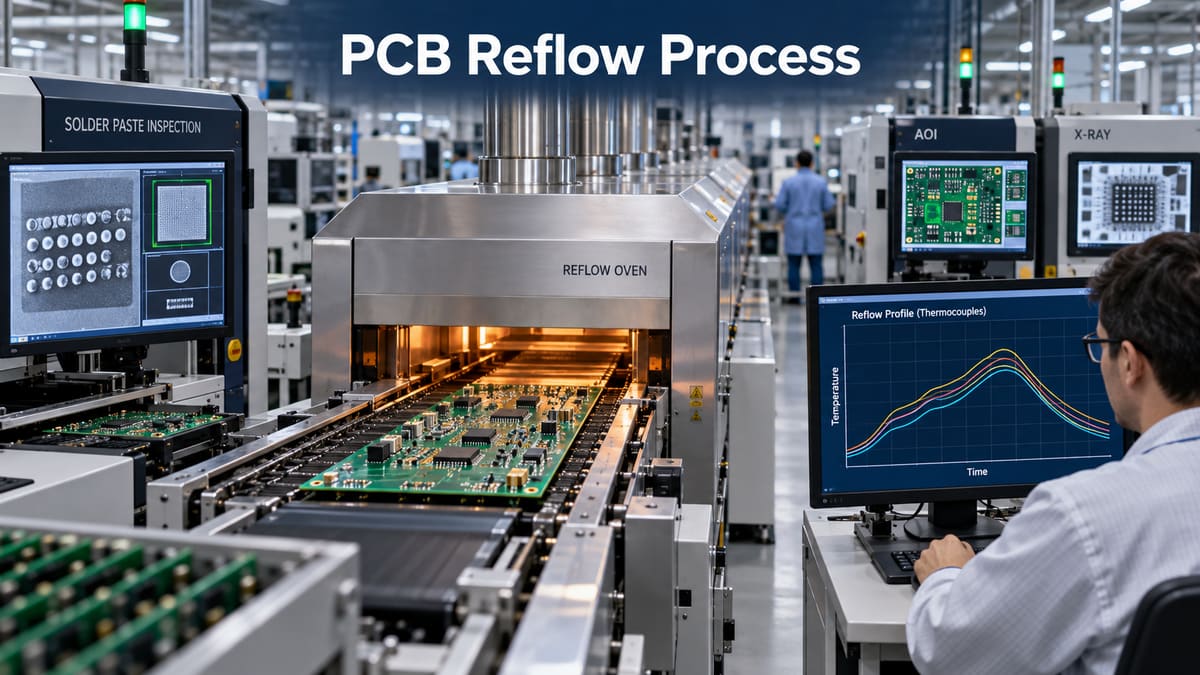 SMT PCB assembly passing through a controlled reflow oven