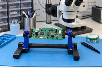 Unpowered PCB in a repair bench holder, AI illustration
