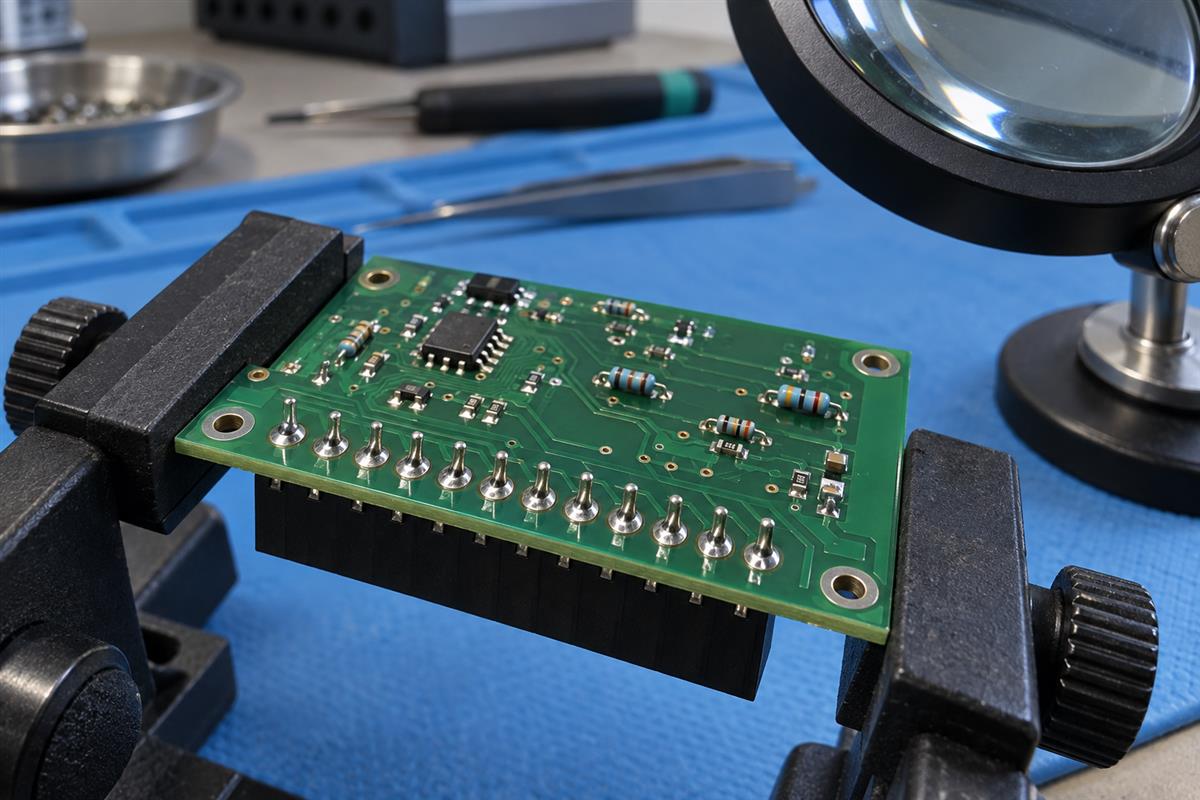 PCB inspection scene with a magnifier, AI illustration