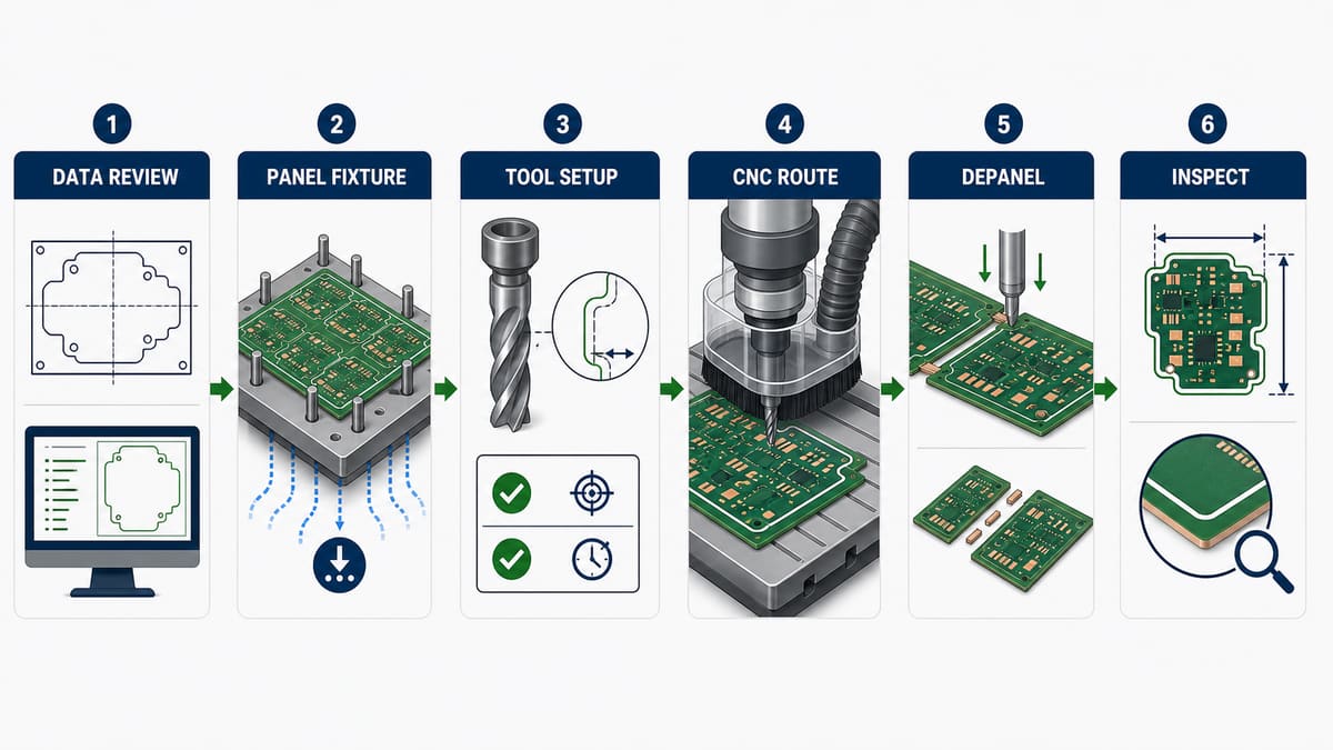 PCB routing process from profile data review and fixture setup through CNC routing depaneling and inspection