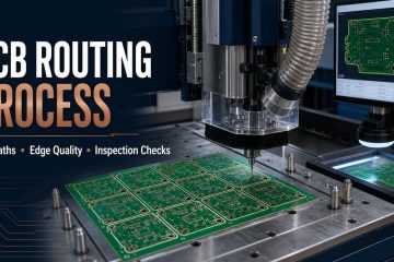 Guarded CNC PCB routing machine profiling a production panel with extraction and outline inspection