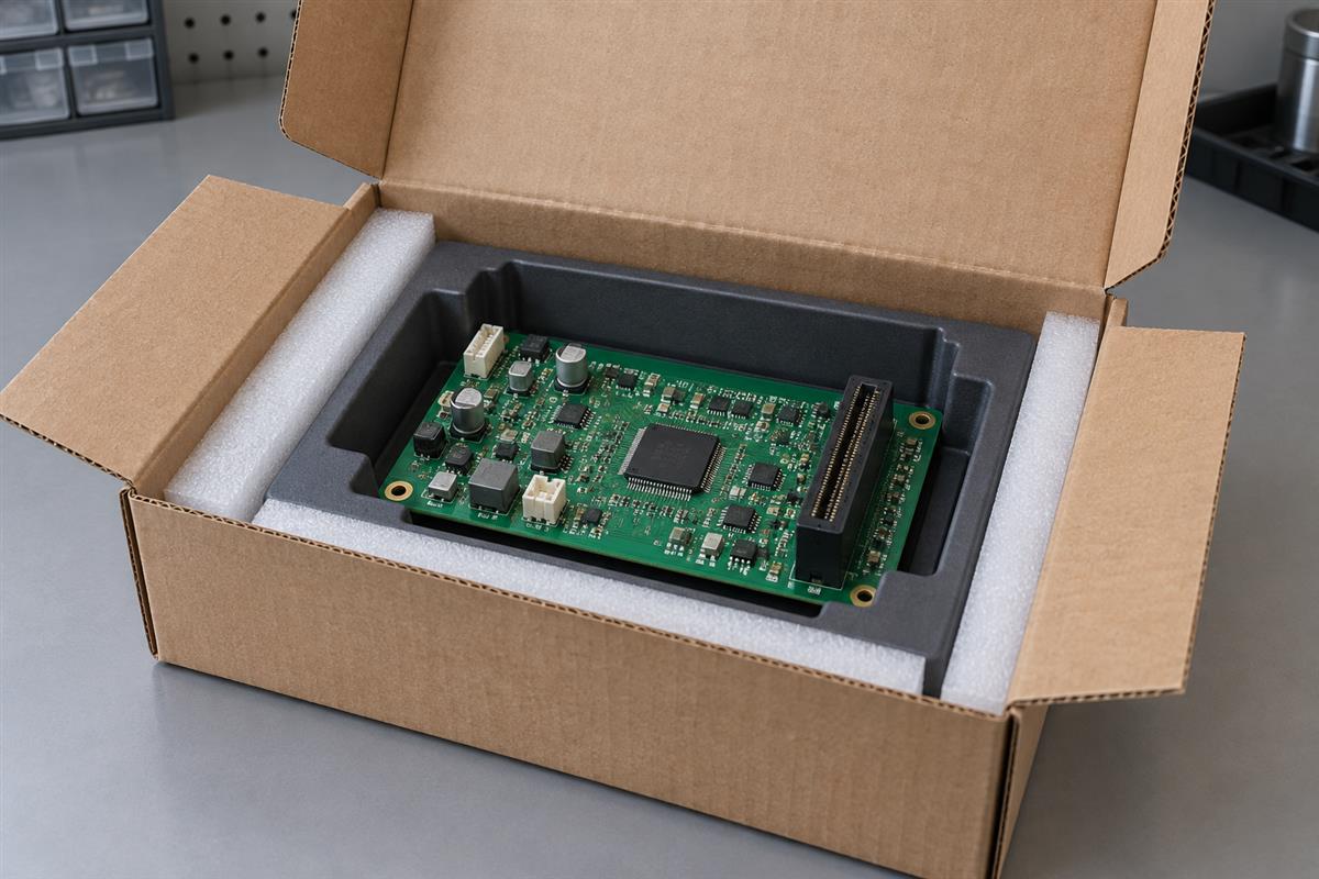 Circuit board in a fitted protective tray inside an open shipping carton
