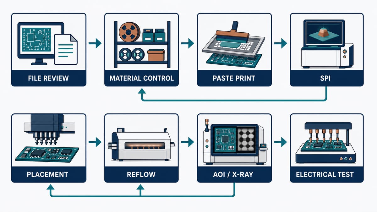 PCB SMT assembly process with inspection feedback from SPI and AOI to printing placement and reflow