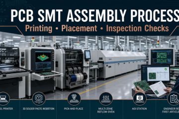 Modern SMT assembly line with printing SPI placement reflow AOI and first article review