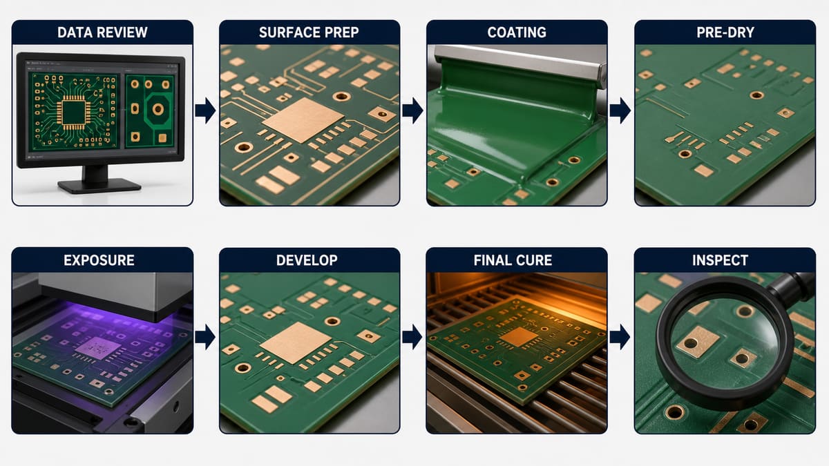 PCB solder mask process from surface preparation and coating through imaging development cure and inspection