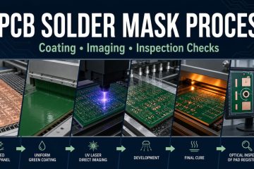 PCB solder mask inspection showing coating imaging registration openings and cured surface checks