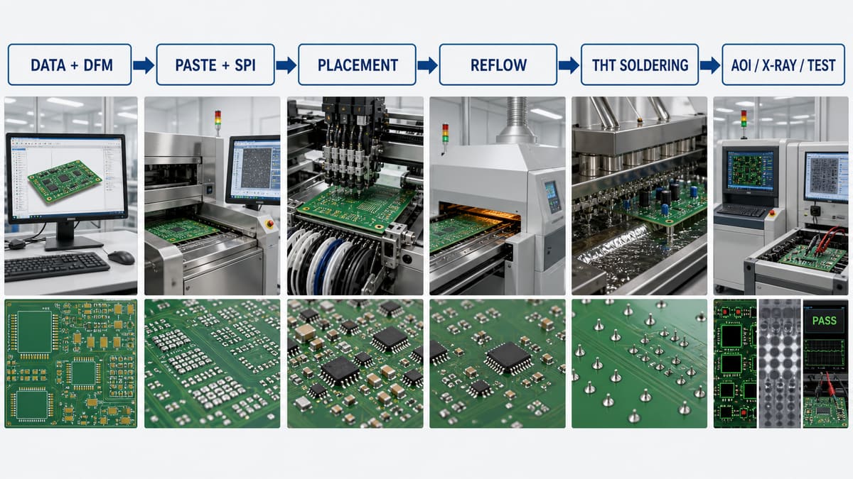PCB soldering process from DFM and paste printing through reflow through-hole soldering and testing