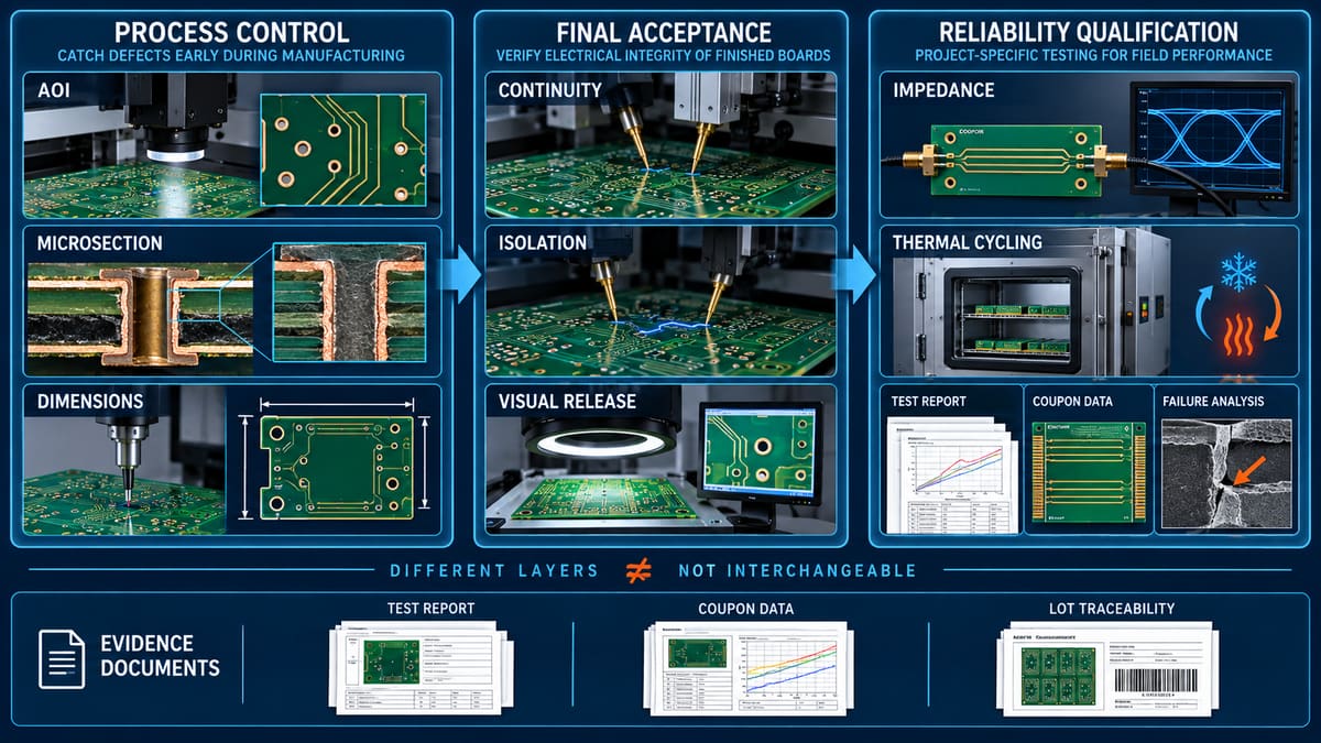Diagram separating PCB process control final acceptance and reliability qualification
