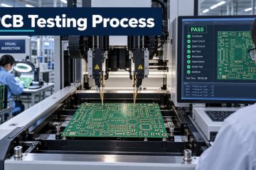 Bare PCB undergoing flying-probe electrical testing in a PCB factory