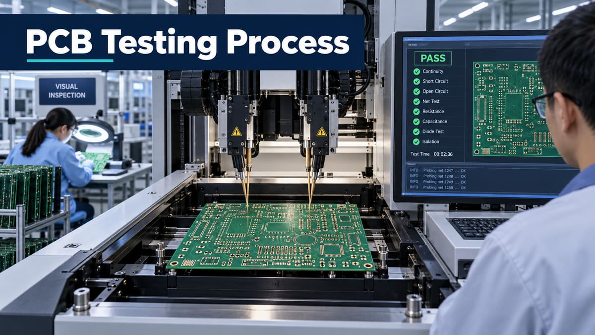 Bare PCB undergoing flying-probe electrical testing in a PCB factory