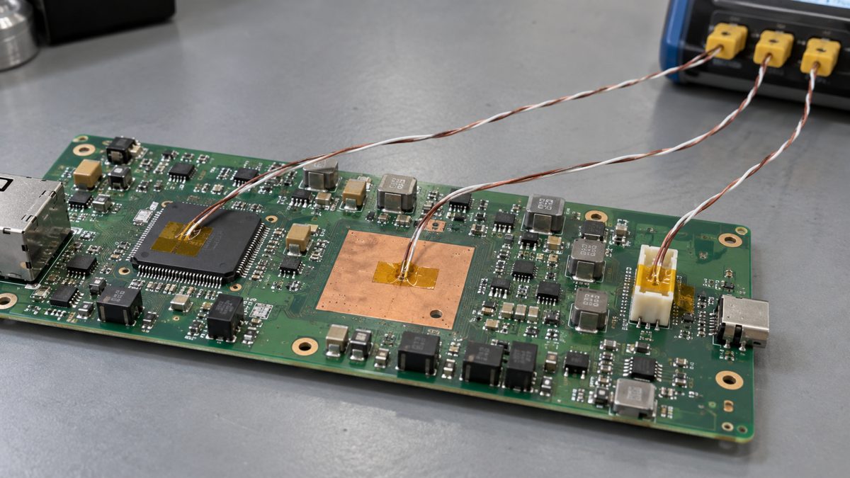 An assembled PCB with fine thermocouple wires secured at several locations for temperature profiling
