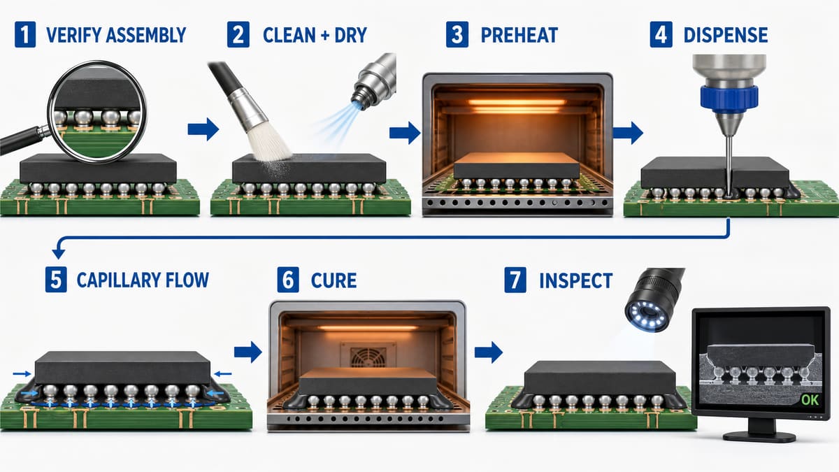 PCB underfill process from assembly verification and cleaning through dispensing cure and inspection