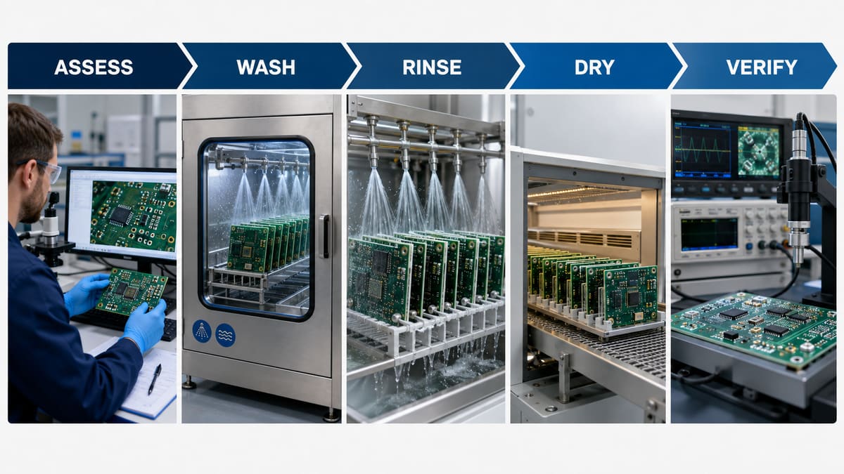 PCB washing process from assessment through washing rinsing drying and cleanliness verification