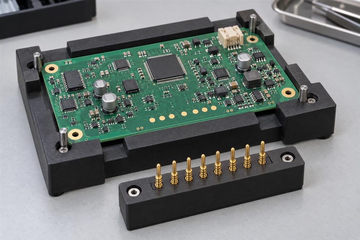 Illustrative PCB locating nest and separate spring-probe contact block