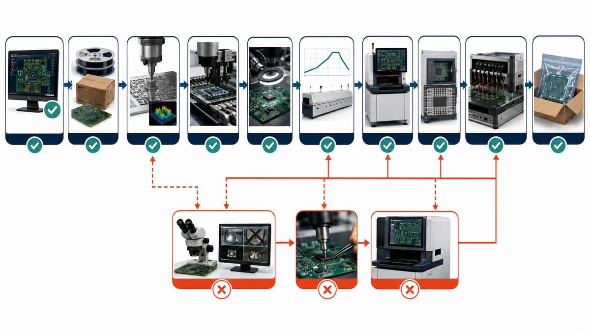 PCB assembly quality control flow with inspection gates and nonconformance feedback loop