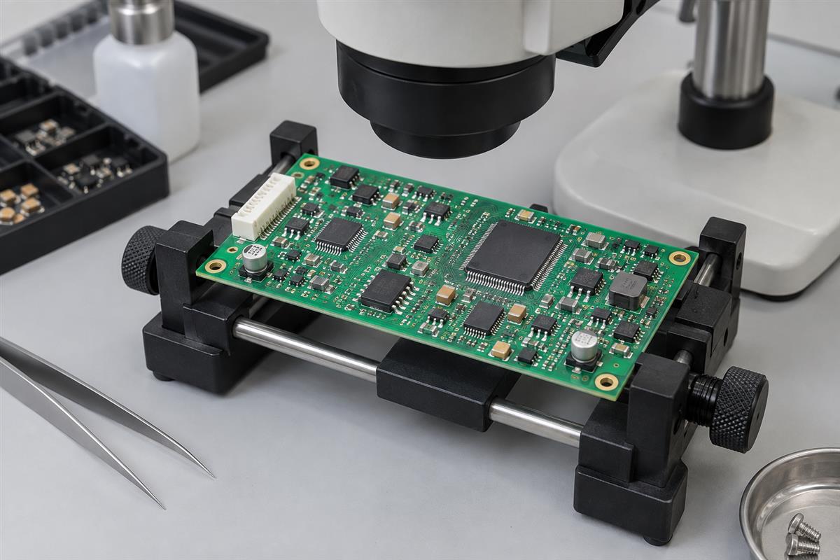 Illustrative assembled circuit board in an inspection holder beneath a microscope